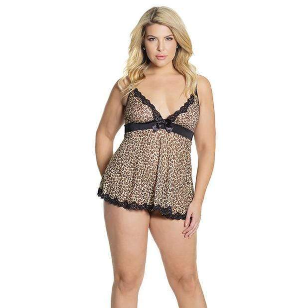 Coquette - Bold Mesh and Scallop Lace Babydoll and G String Chemise Queen (Brown) | Zush.sg