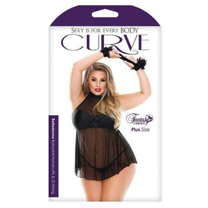 Fantasy Lingerie - Curve Plus Size Belladonna Mesh Babydoll with Handcuffs and G-String 1X/2X (Black) Costumes 811432018033 CherryAffairs