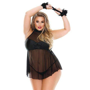 Fantasy Lingerie - Curve Plus Size Belladonna Mesh Babydoll with Handcuffs and G-String 1X/2X (Black) | Zush.sg