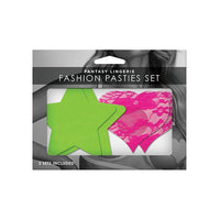 Fantasy Lingerie - Fashion Pasties Set Pack of 2 UV Reactive Neon Star and Lace Heart Pasties O/S (Green/Pink) Costumes CherryAffairs