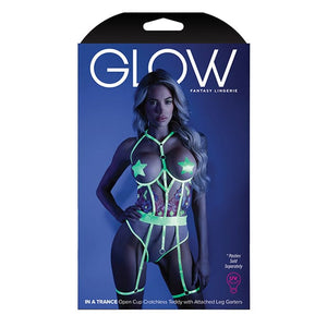 Fantasy Lingerie - Glow Light In A Trance Embroidered Open Cup Crotchless Teddy with Leg Garters S/M (Neon Chartreuse) Teddy 622636512 CherryAffairs