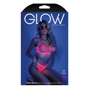 Fantasy Lingerie - Glow Light Sweet Escape Open Cup Cage Bra with Crotchless Panties Lingerie Set S/M (Neon Pink) Lingerie Set 657447305009 CherryAffairs