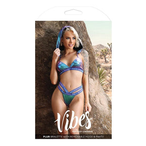 Fantasy Lingerie - Vibes Plur Bralette with Removable Hood and Panty Set S/M (Iridescent Blue) Lingerie Set 657447310775 CherryAffairs