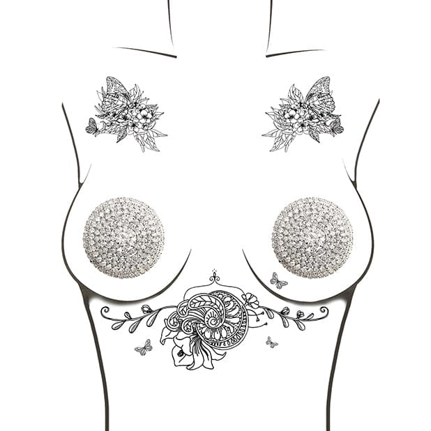 Neva Nude - Burlesque Big O Crystal Jewel Reusable Silicone Pasties Nipple Covers O/S (Silver) Nipple Covers 614608261826 CherryAffairs