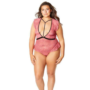 Oh la la cheri - Flutter Sleeve Plunge Bodysuit with Velvet Edges and Harness Neckline 1X (Pink) | Zush.sg